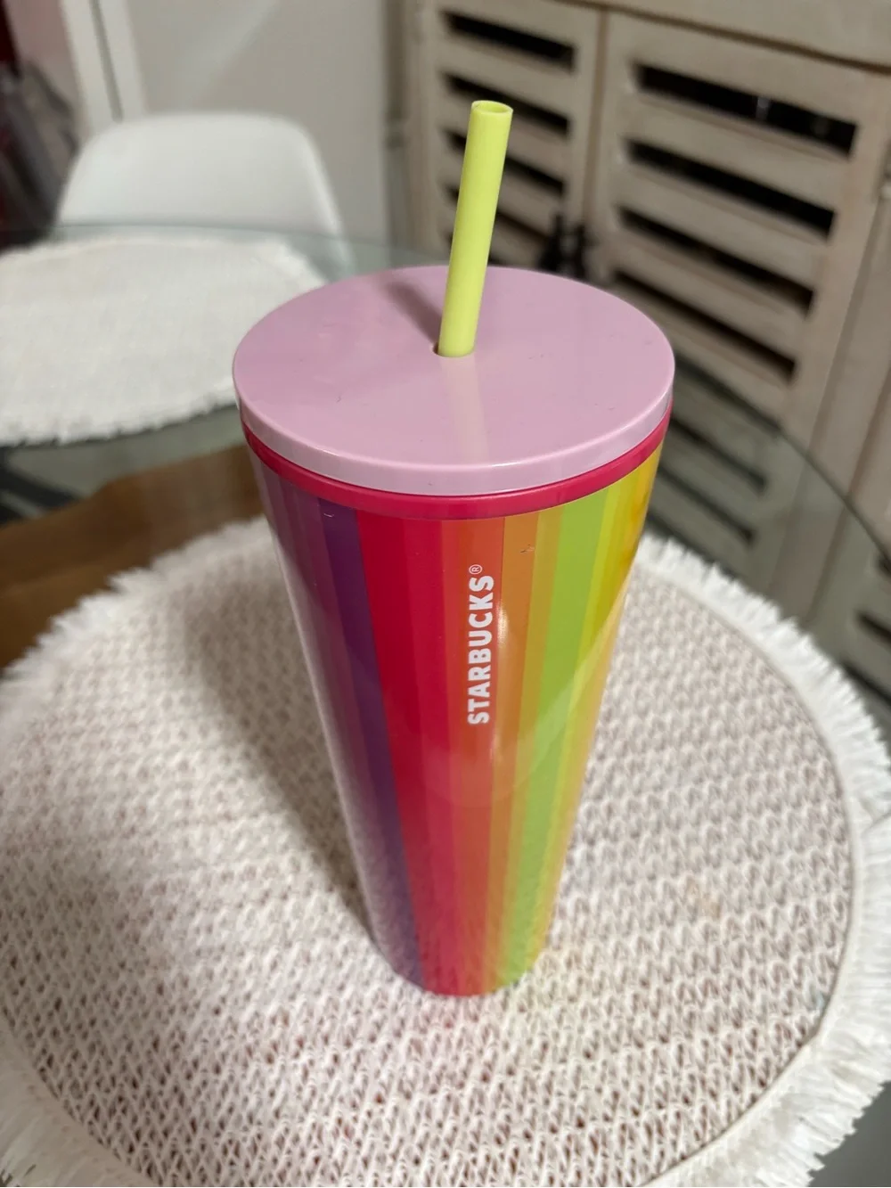 Starbucks Multicolor Rainbow Stripe Tumbler with Pink Lid and Yellow Straw
